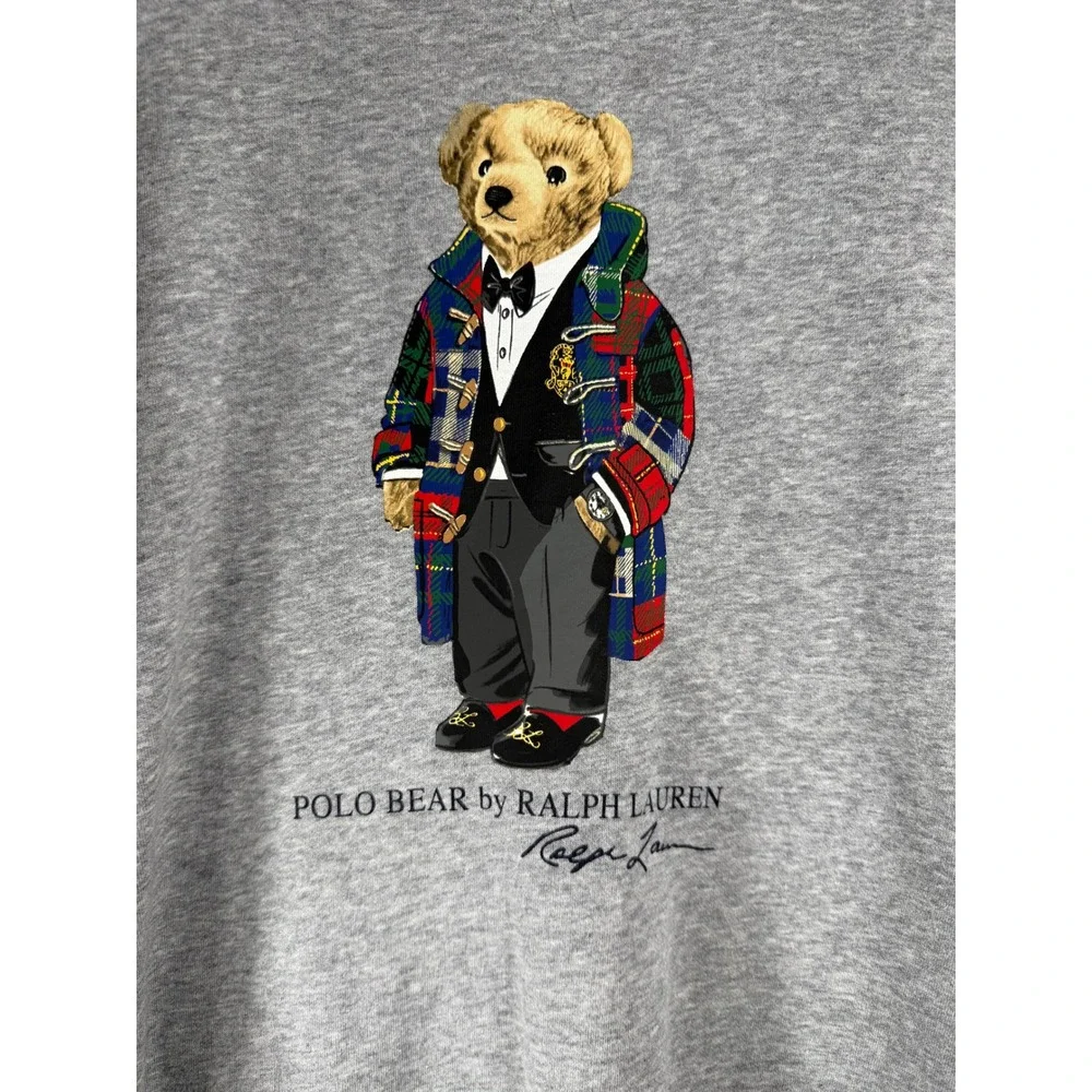 Polo Ralph Lauren Polo Duffel Bear Tartan Plaid Coat Fleece Sweatshirt Grey L